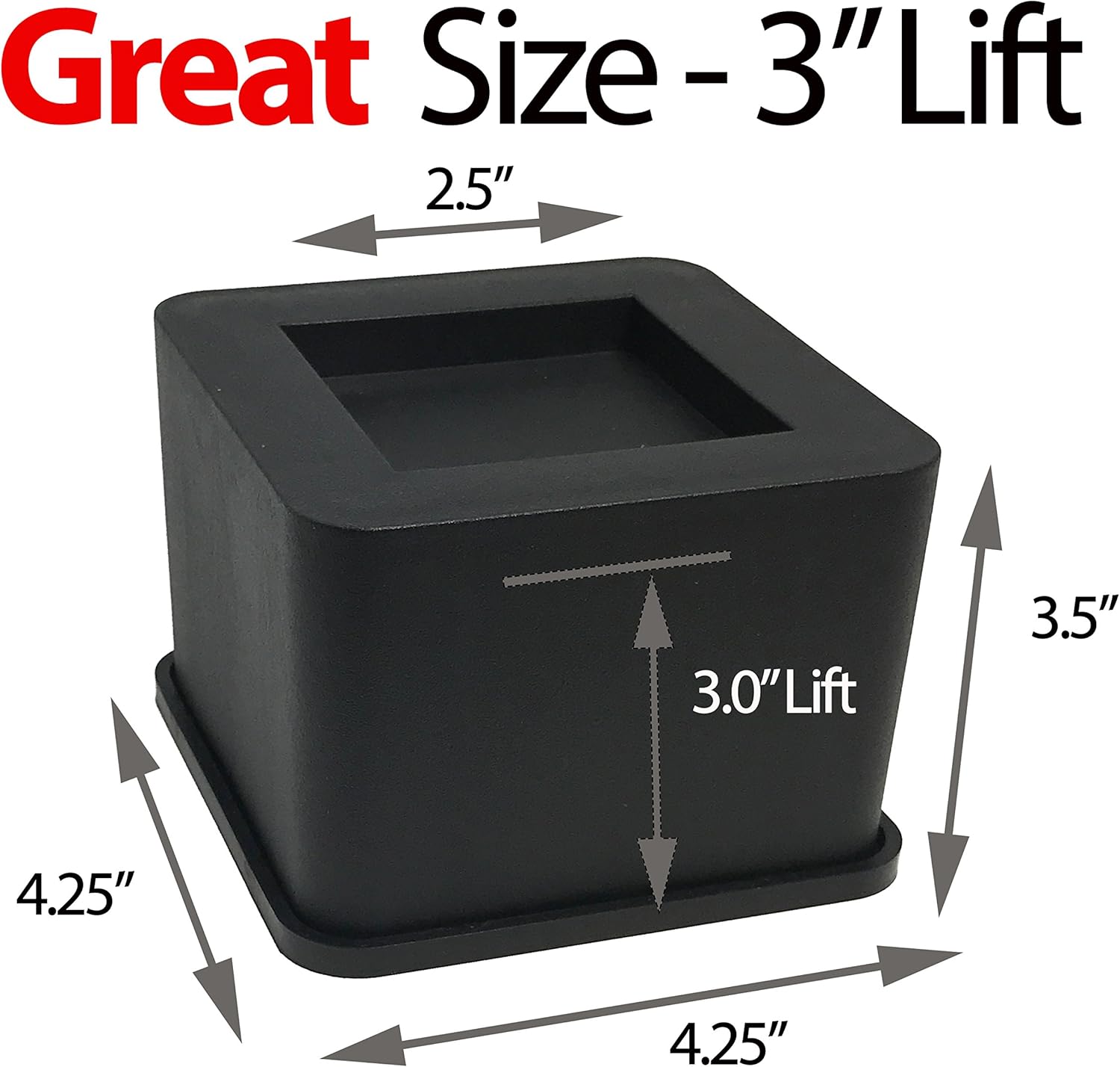 iPrimio Bed and Furniture Square Risers - 3 INCH Rise Size - Wont Crack & Scratch Floors - Heavy Duty Rubber Bottom - Patent Pending - Great for Wood and Carpet Surface (Black, 4): Home Improvement