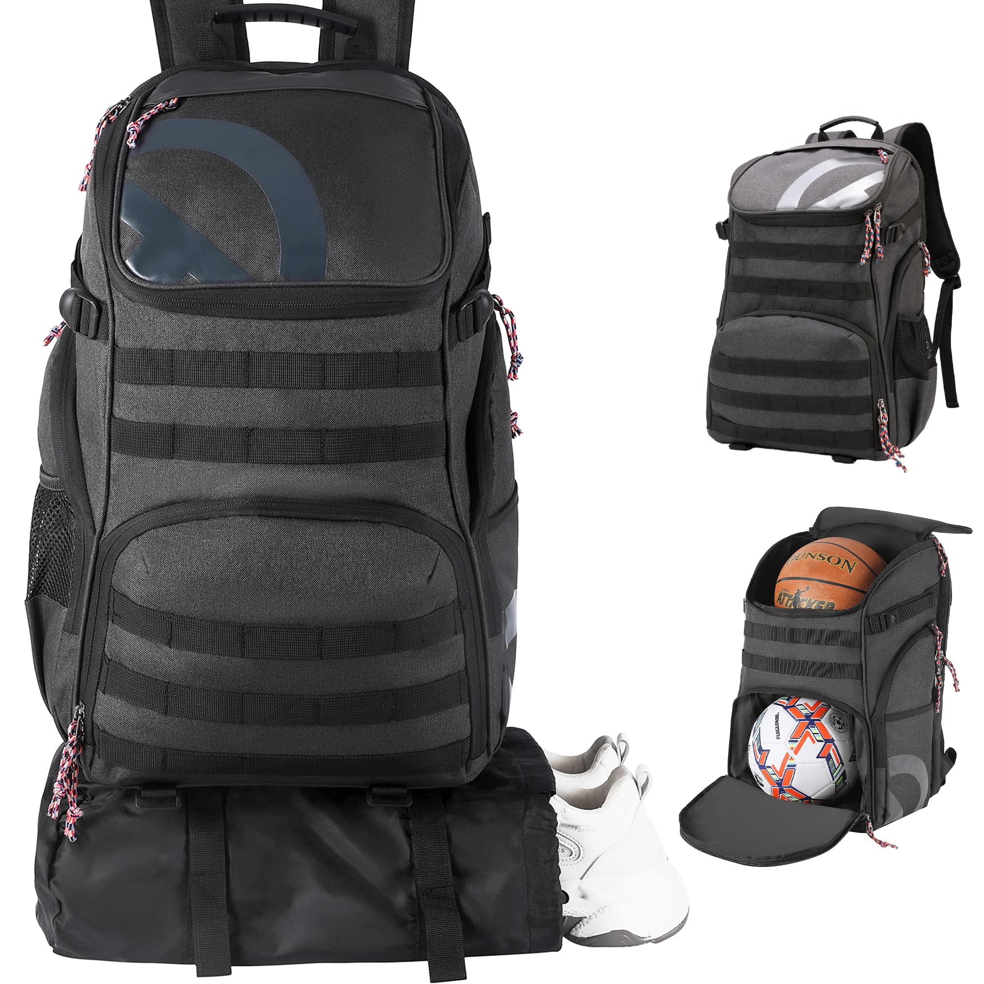 TRAILKICKER Basketball Bag Backpack with Ball Holder Multi-Sport Backpack for Soccer Volleyball Football Baseball Helmet (TK2-Gray, Large) Image