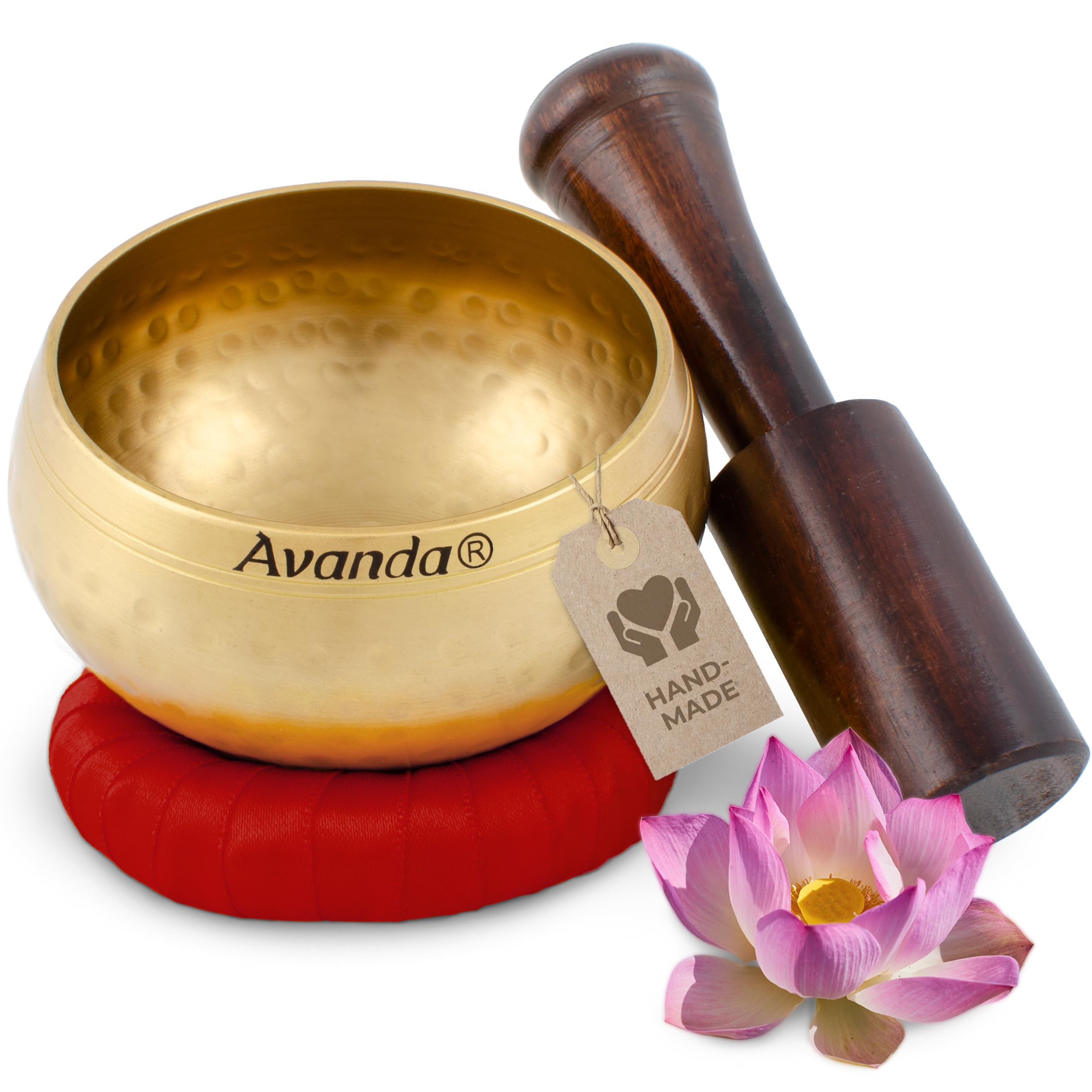 Tibetan singing bowl set for yoga, meditation and relaxation - hammered Tibetan singing bowl Ø 10 cm (4 in), mango wood mallet and ring cushion, red