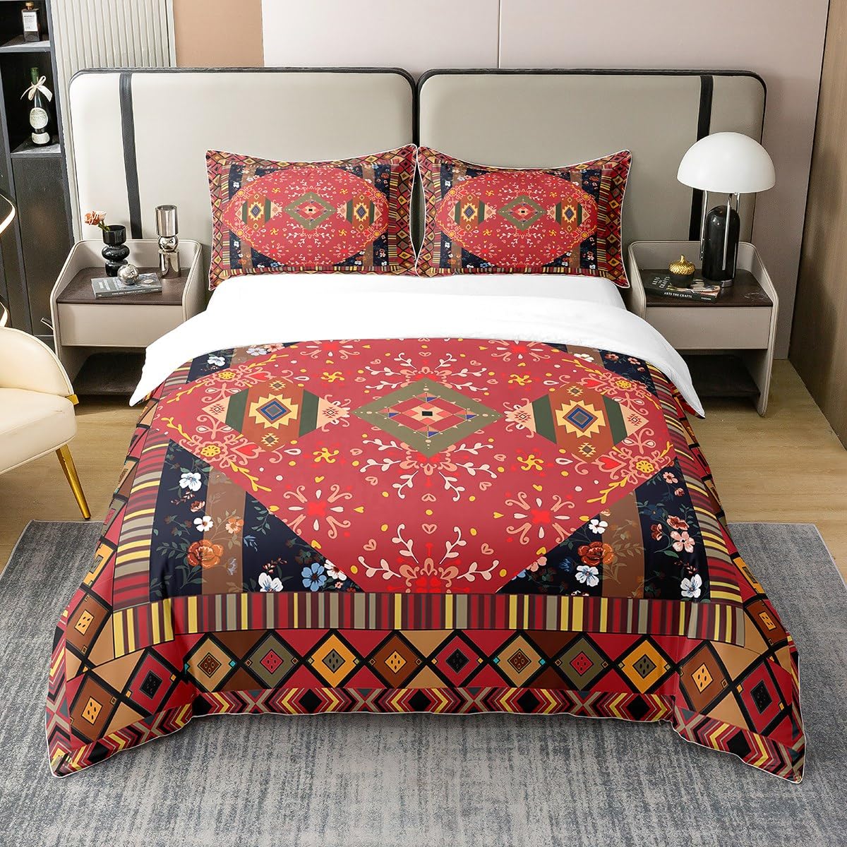 Homewish Bohemia Cotton Duvet Cover for Kids Girls Woman,Vintage Geometric Square Bedding Set Single,Exotic Flower Leaves Comforter Cover,Egyptian Tribal Mandala Bed Sets with 1 Pillowcase