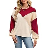 SunnyMelody Womens Oversized Color Block Crew Neck Sweater Fall 2025 Trendy Ribbed Knit Long Sleeve Pullover Tops