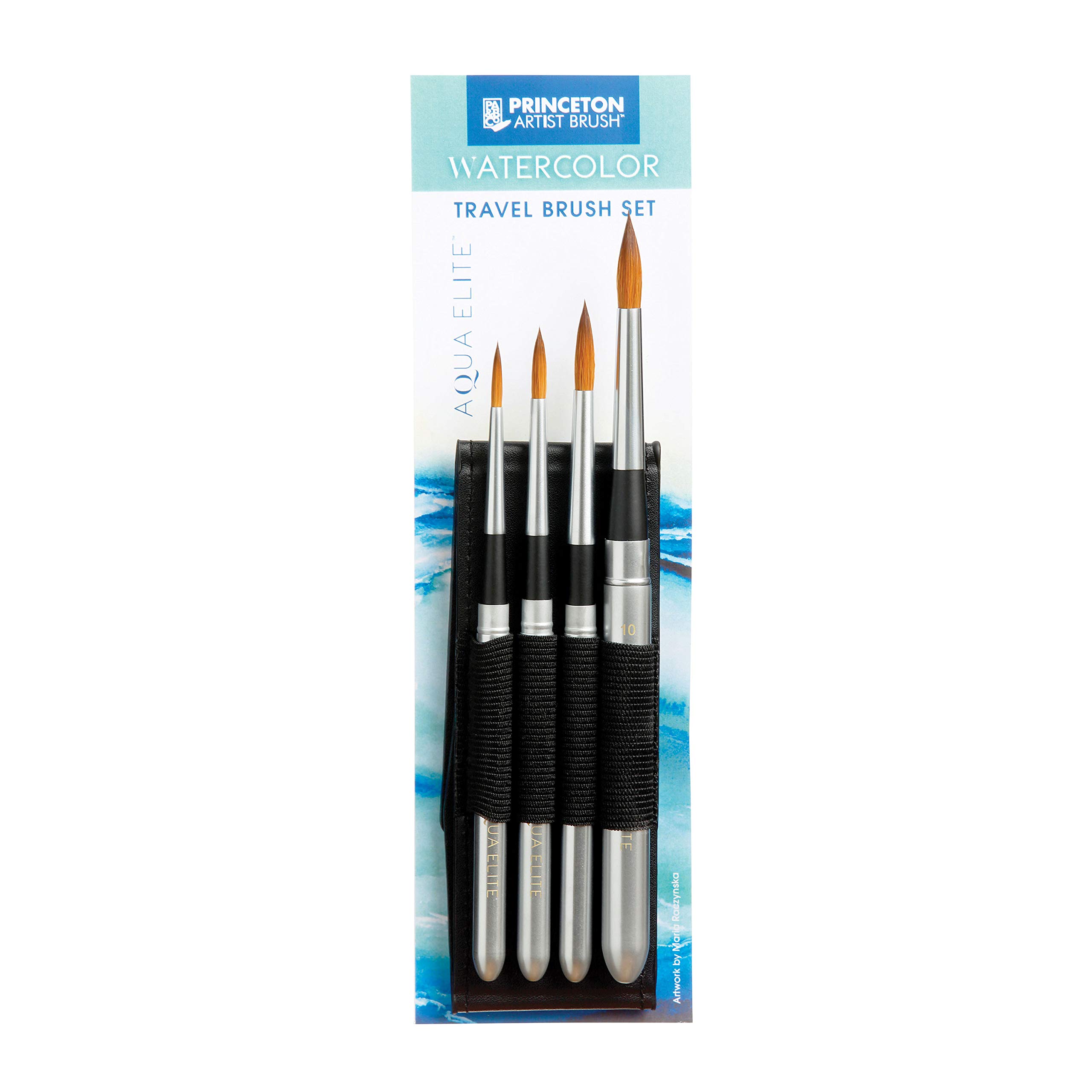Princeton Aqua Elite Fine Art Watercolours Brushes, Synthetic Kolinsky Sable, 4 Piece Travel Brush Set, Short Handle, for Professionals & Students