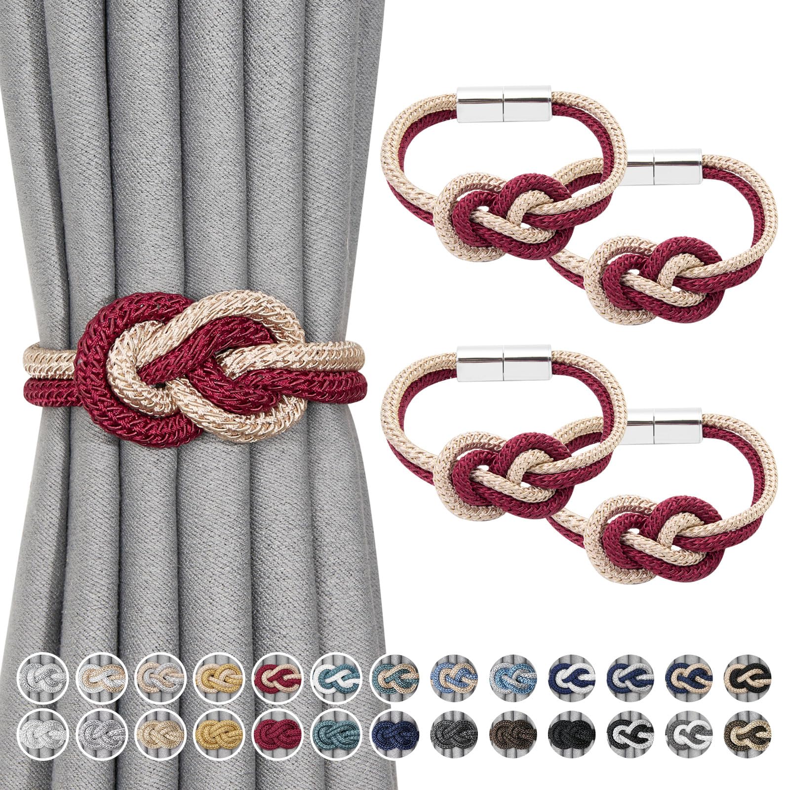 Pretty Jolly 4 Pack Mini Magnetic Curtain Tiebacks Nordic Simple Style Drape Tie Backs Elegant Hand Weave Rope Knot Decorative Curtain Holdbacks for Home & Office Window Drapery (Wine Red & Beige)