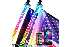 Omotor 2pcs 5ft LED Whip Lights with Bluetooth and Remote Control Spiral RGB Chase Light Gadsden Flag Offroad 360°Spiraling Rising Dream Wrapped Dancing Whips