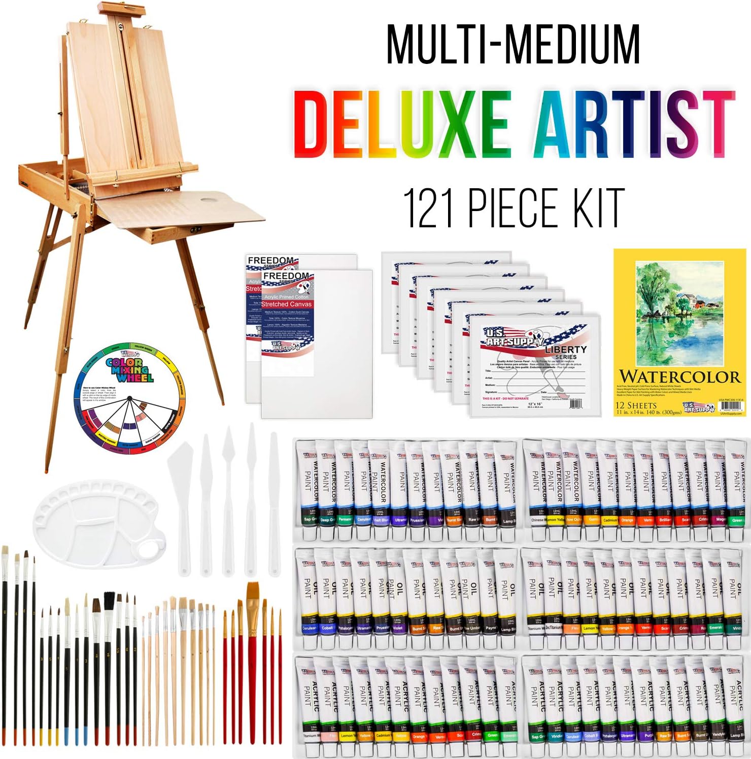 US ART SUPPLY 121-Piece Custom Artist Painting Kit with Coronado Sonoma Easel, 24-Tubes Acrylic Colors, 24-Tubes Oil Painting Colors, 24-tubes Watercolor Painting Colors, 2-each 16"x20" Artist Quality Stretched Canvases, 6-each 11"x14" Canvas Panels, 11"x14" Watercolor Paper Pad, 10-Natural Hair Bristle Paint Brushes, 7-Nyl