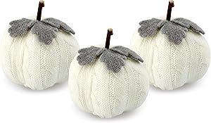 AuldHome Sweater Pumpkins (Set of 3, White); Fall Thanksgiving Table Topper Seasonal Decor for Centerpieces, Shelf Decor, Home and Office