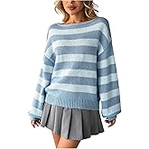 SweatyRocks Women's Oversized Sweaters Striped Boat Neck Long Sleeve Knit Pullover Tops