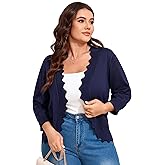 Womens 3/4 Sleeve Cardigan Plus Size Casual Knit Sweater Cardigan Scallop Hemline Open-Front Shrug Sweaters