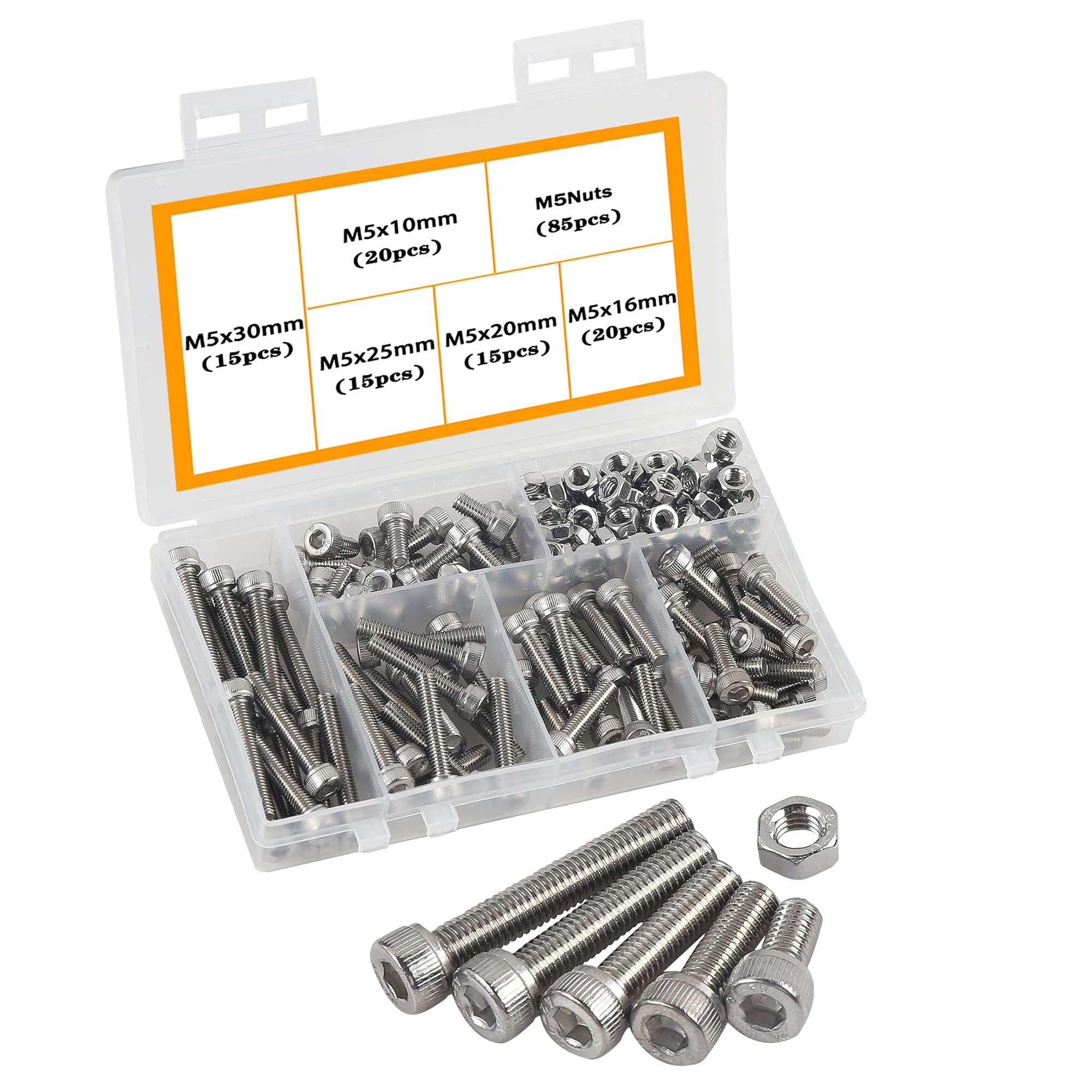 omyzam M5 Nuts and Bolts 304 Stainless Steel Screws Assorted Metric Kit, Hex Socket Head Cap Screws Assortment Set Kit with Storage Box