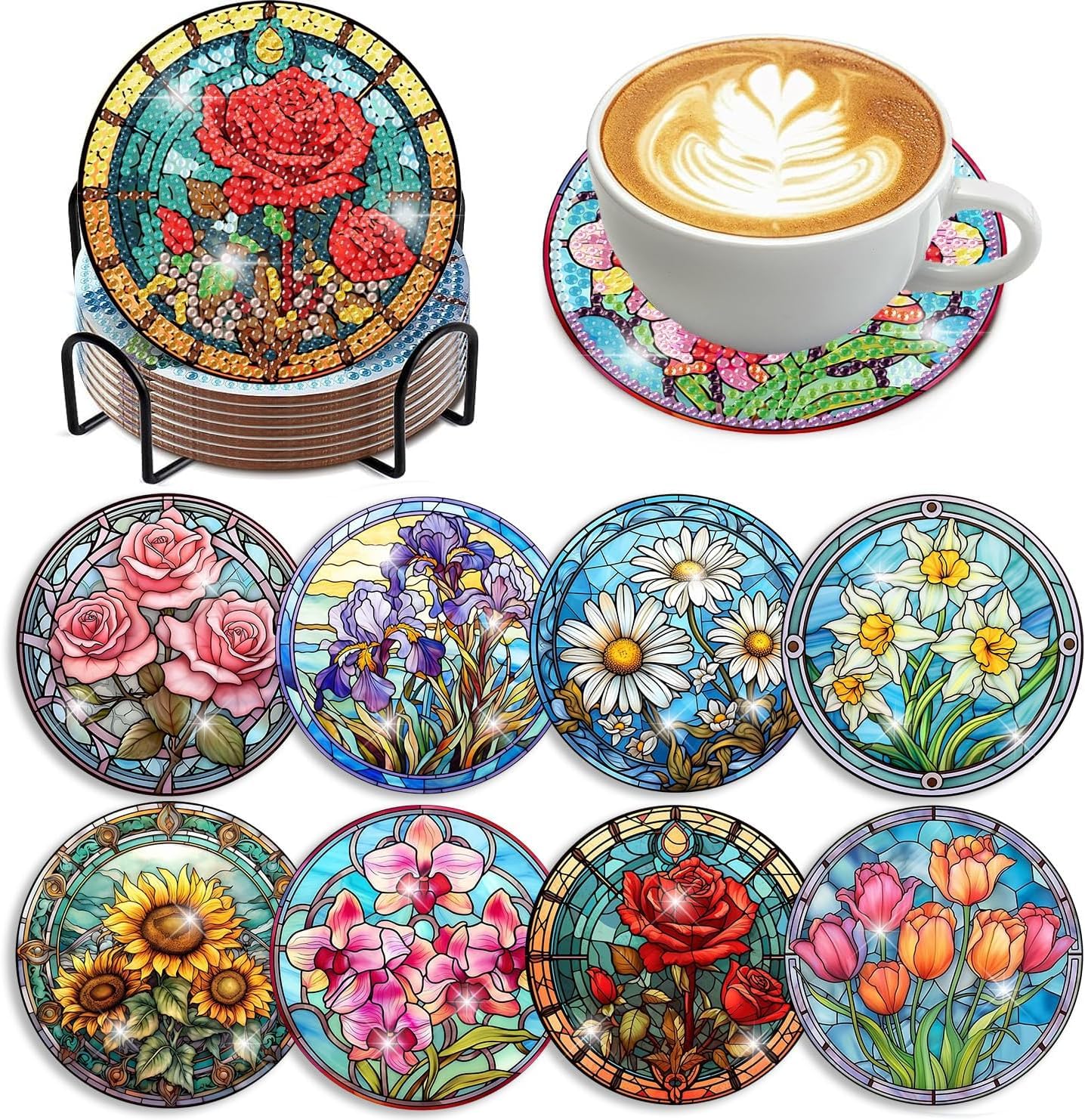 8 Pcs Flowers Diamond Art Coasters Kits for Adults Begainners,Full Drill Diamond Painting Coasters Kit with Holder,DIY Gem Painting Craft Kits for Adults Supplies Gift (Flowers).