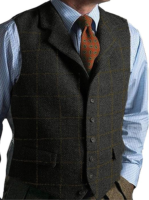 Outwears Men's Vest Green Vest Tweed Wool Waistcoat Slim Fit Lapel
