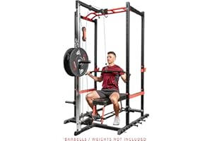 Sunny Health & Fitness Power Zone Strength Rack Power Cage - 1000 LB Weight Capacity, Spotter Bar, Angled Pull-Up Bar, J-Hooks, Resistance Band Pins, Optional LAT Pull Down