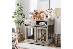 IchbinGo Dog Crate Furniture with Sliding Barn Door, 35" Wooden Dog Kennel End Table with Drawer and Storage, Rustic Style Decorative Dog House for Small/Medium Dog, Easy Installation (Grey)