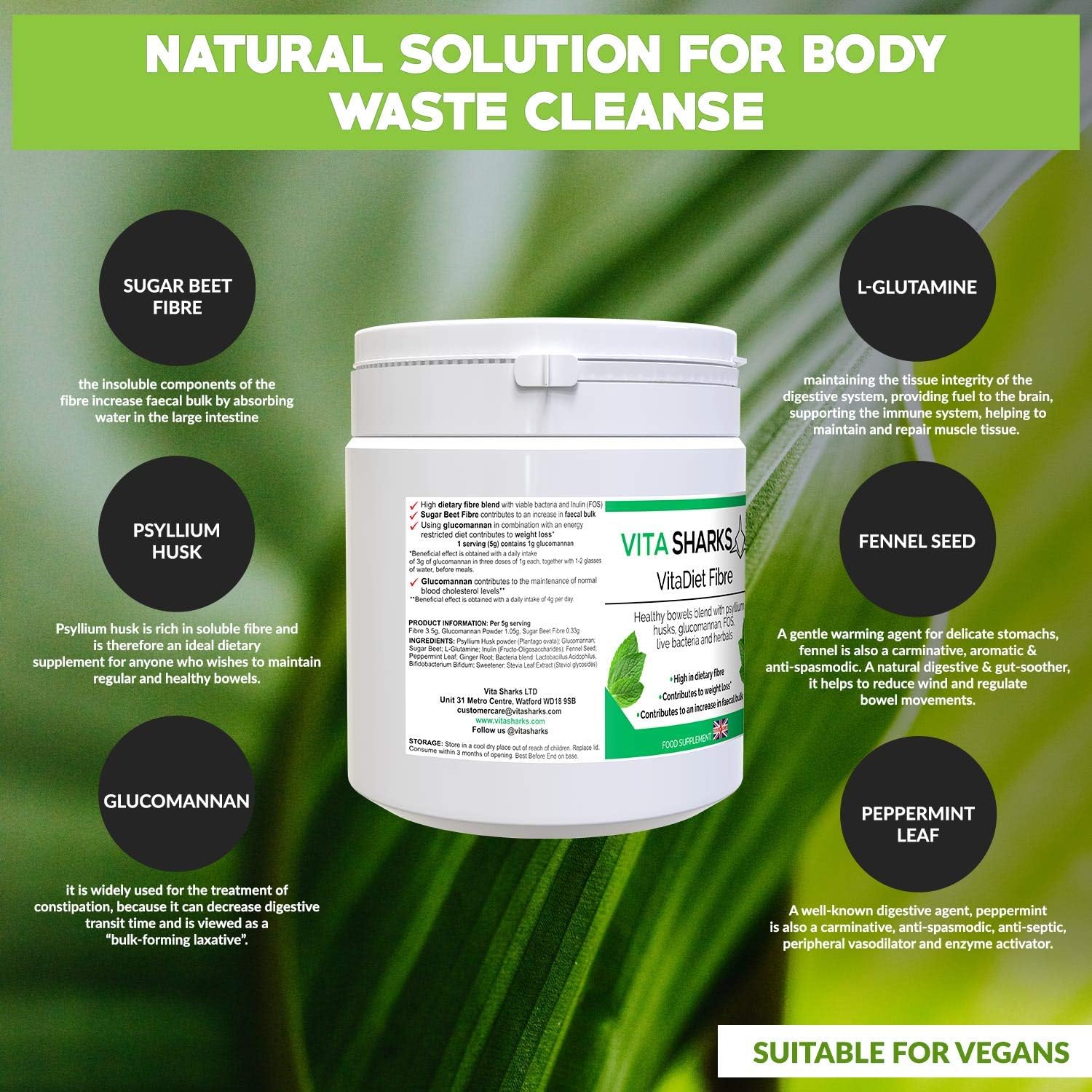 VitaDiet Fibre 180g Powder with Psyllium Husk for Gentle Vegan Cholesterol Management Bowel Cleanse - Image 5