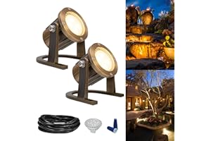 GKOLED Solid Brass Underwater Light, Low Voltage LED Pond Lights, Submersible Fountain Lighting with 5W 2700K 410LM MR16 Bulb, 9-15V AC/DC Outdoor Landscape Light, IP68 Rated Pool Spotlights, 2 Pack