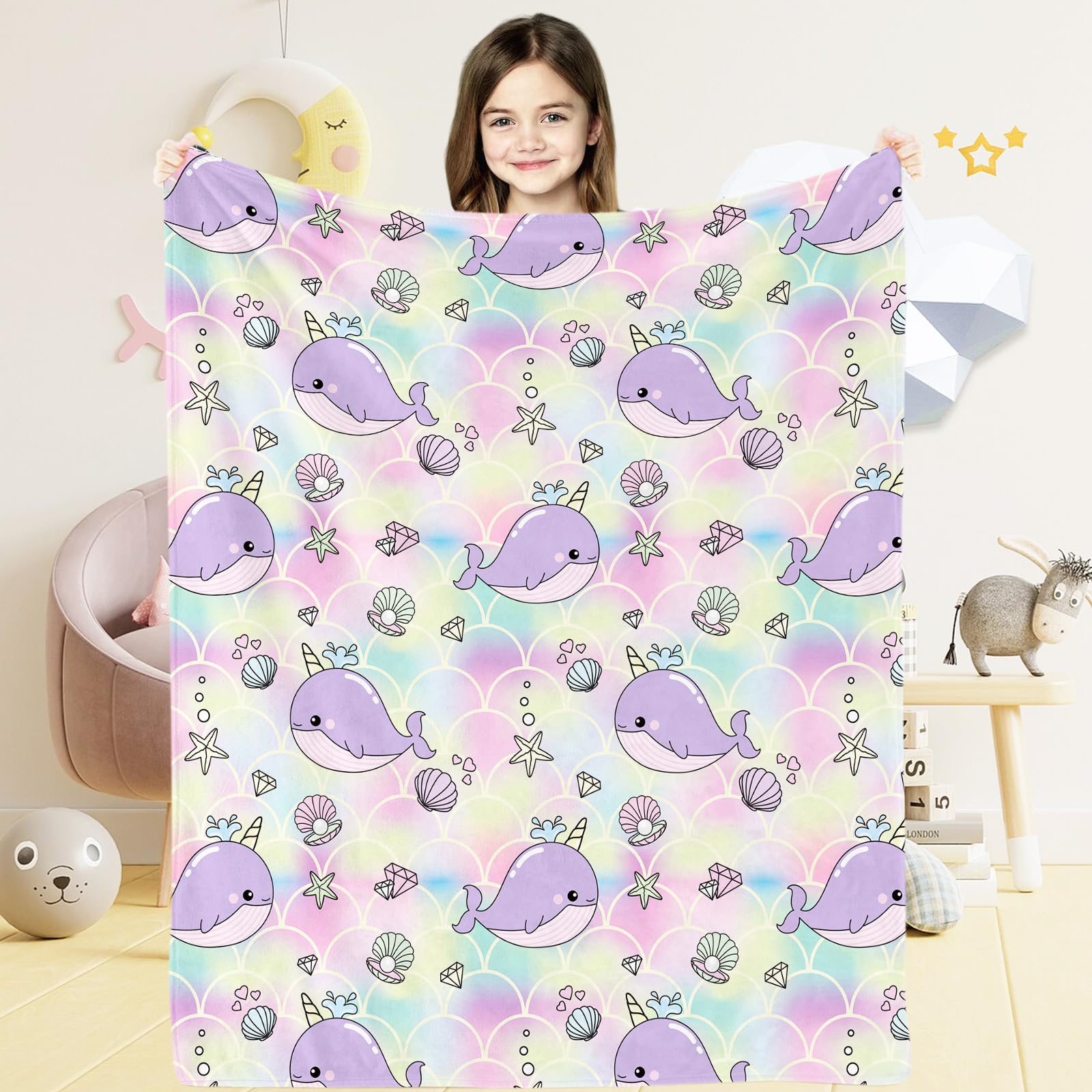 Narwhal Baby Throw Blanket for Girls, Soft Cozy Cute Rainbow Mermaid Narwhal Theme Plush Flannel Crib Blanket for Nursery, 80x120 cm Purple Narwhal Fleece Blanket for Couch Newborn Toddler Kids Gift — image 1