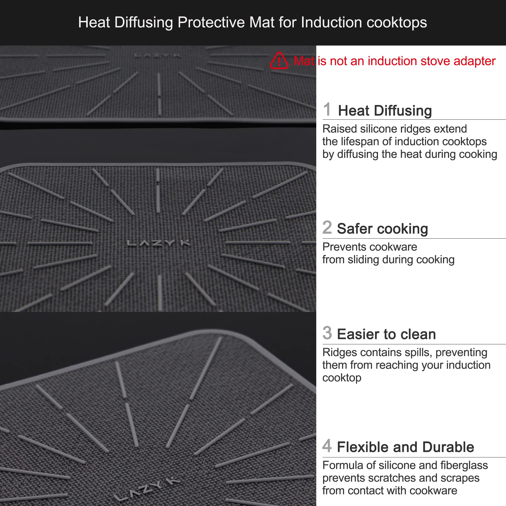 Lazy K Induction Cooktop Mat - Silicone Fiberglass Scratch Protector - for Magnetic Stove - Non slip Pads to Prevent Pots from Sliding during Cooking - Square (9inches) Gray