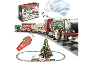 JQ JUQU JUQU Christmas Train Set for Kids Ages 3-8 – Remote Control Steam Locomotive Toy Train with Smoke, Lights, Sound & Tracks, Christmas Tree Train for Around or Under Tree