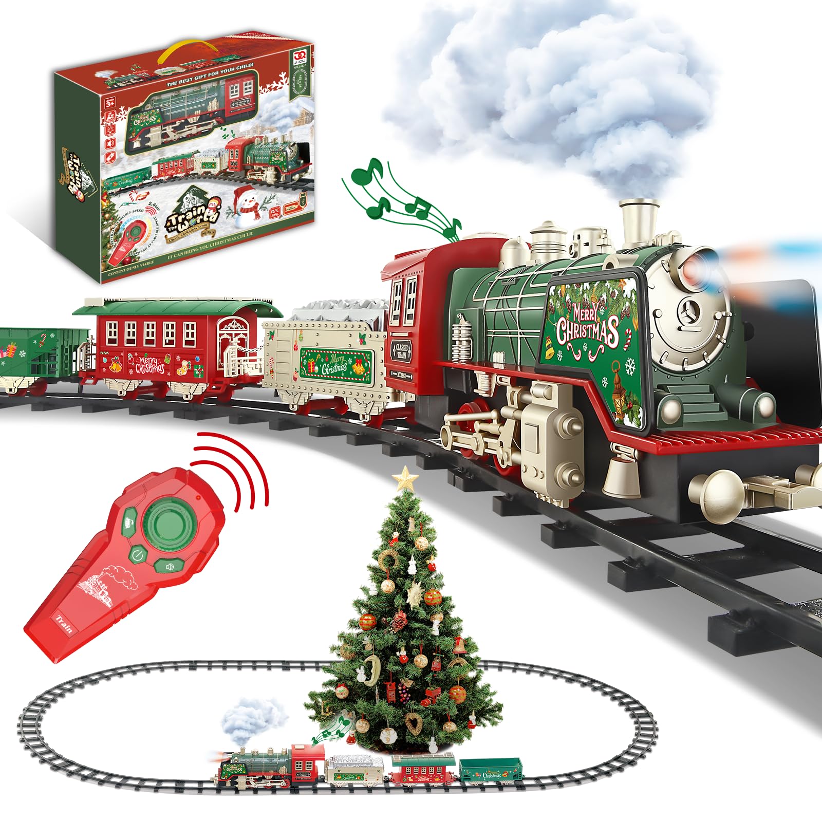 Photo 1 of JUQU Train Set, Christmas Train with Remote Control Train Toys w/Smoke, Whistle & Lights, Christmas Train Sets for Around the Tree, Toy Train Sets for Boys, Model Trains Gifts for Age 3 4 5 6 7 8+Kids
