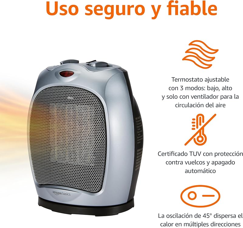 Aquecedor cerâmico oscilante, 1800 W, com termóstato ajustável, prateado