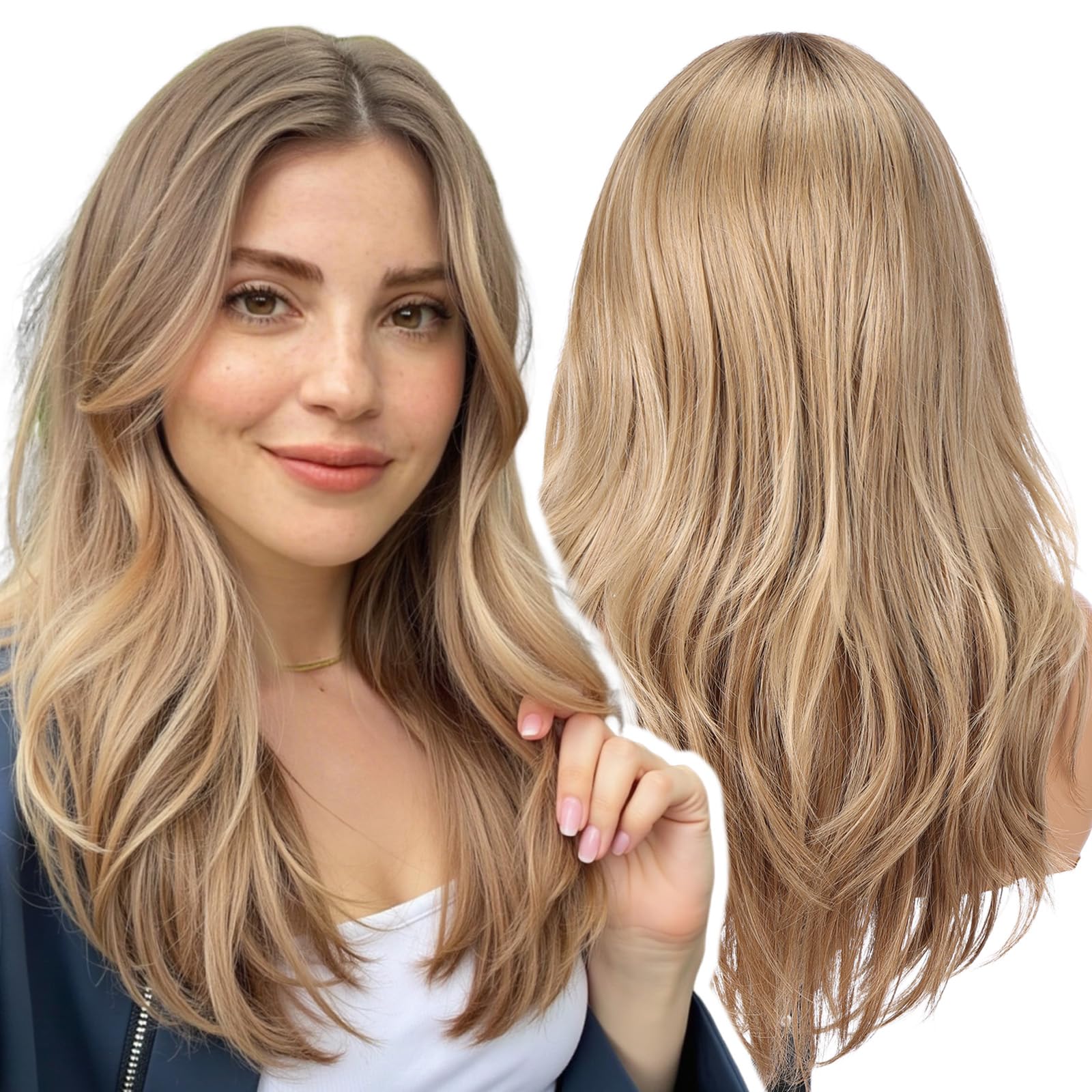 WOKESTAR Natural Long Wigs for Women with Fringe Synthetic Heat Resistant Hair Ombre Blonde Wig for Daily Party Cosplay Use