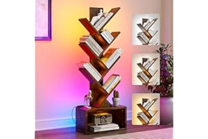 Evermagin 6 Tier Tree Bookshelf with Lights, LED Book Tree Bookshelf with Storage Organizer, Small Corner Bookcase Floor Standing Book Shelf for Living Room, Bedroom & Home Office, Rustic Brown