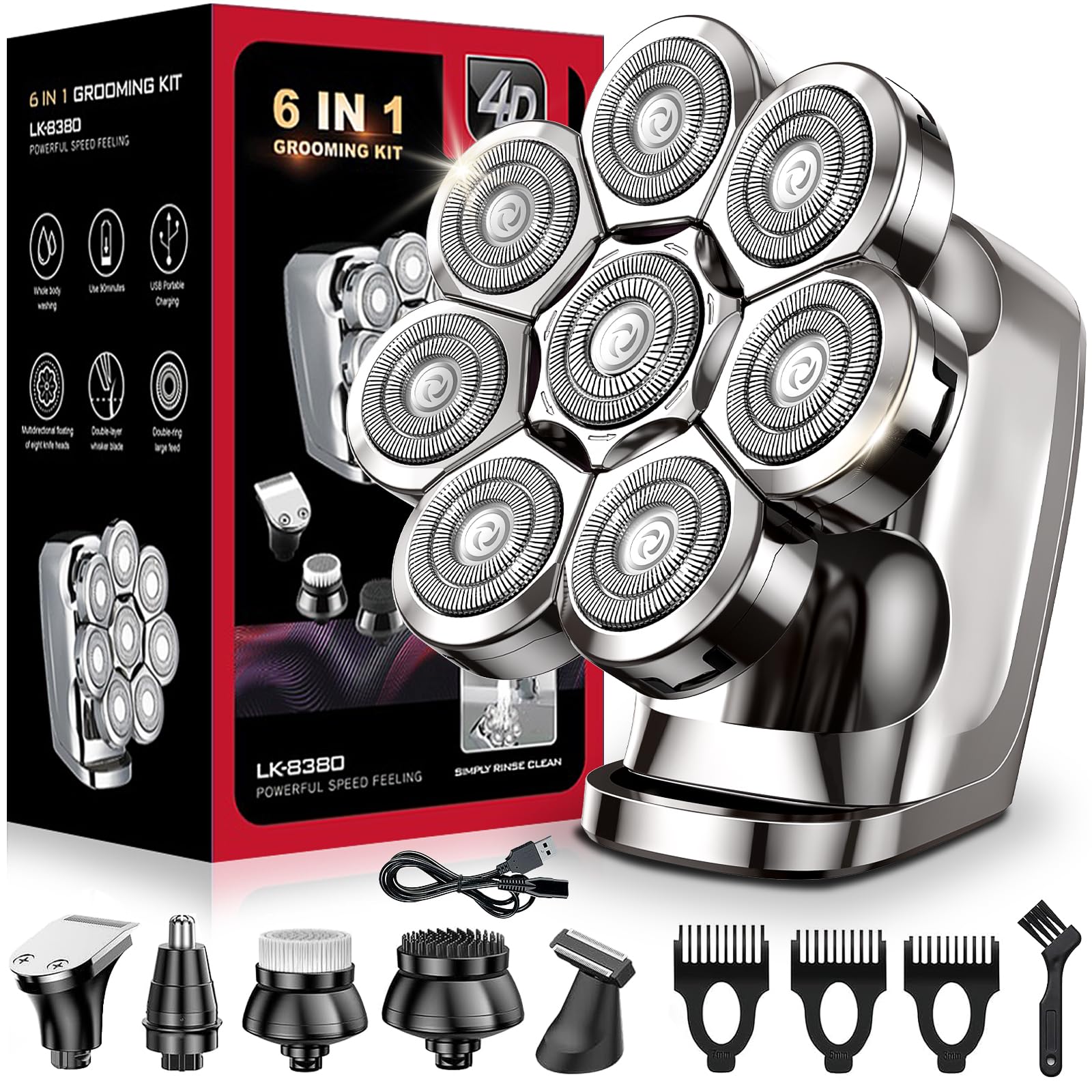 Phisco 6-in-1 Electric Head Shaver Kit for Bald Men, 8D Rotary Floating ...