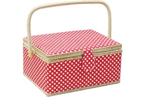 FLRHSJX Large Sewing Basket with Accessories,Wooden Sewing Organizer Box for Sewing Supplies and DIY Crafting Tools Storage,Sewing Kit Tools for Sewing Mending,Polka Dots(red)
