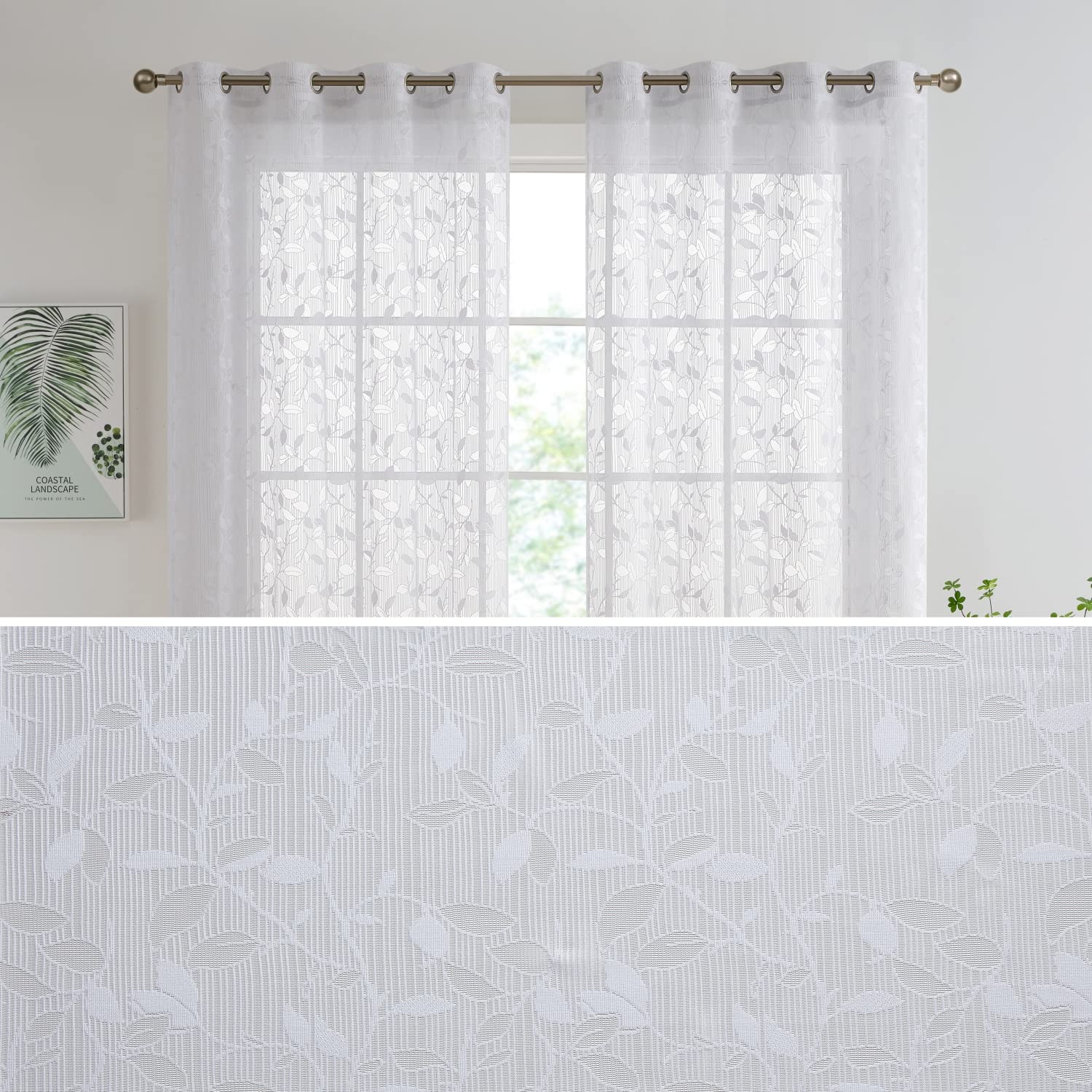 Photo 1 of HLC.ME Joyce Floral Decorative Semi Sheer Light Filtering Grommet Window Treatment Curtain Drapery Panels for Bedroom & Living Room - Set of 2 Panels (54 x 96 inches Long, White)