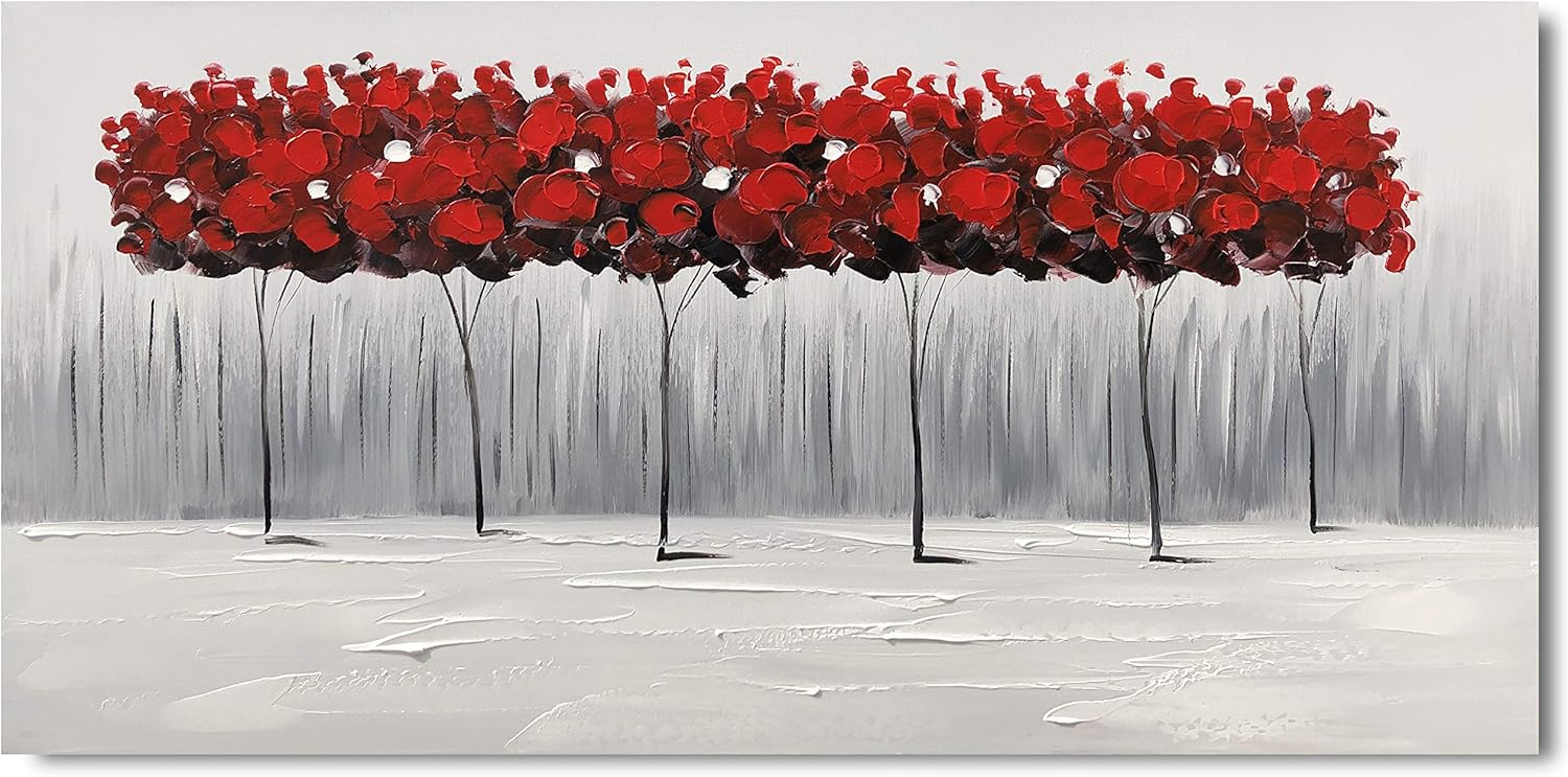 Amazon Com Yihui Arts Red Wall Art Hand Painted Forest Oil Painting Modern Abstract Tree Artwork For Living Room Bedroom Dinning Decor 20wx40l Paintings