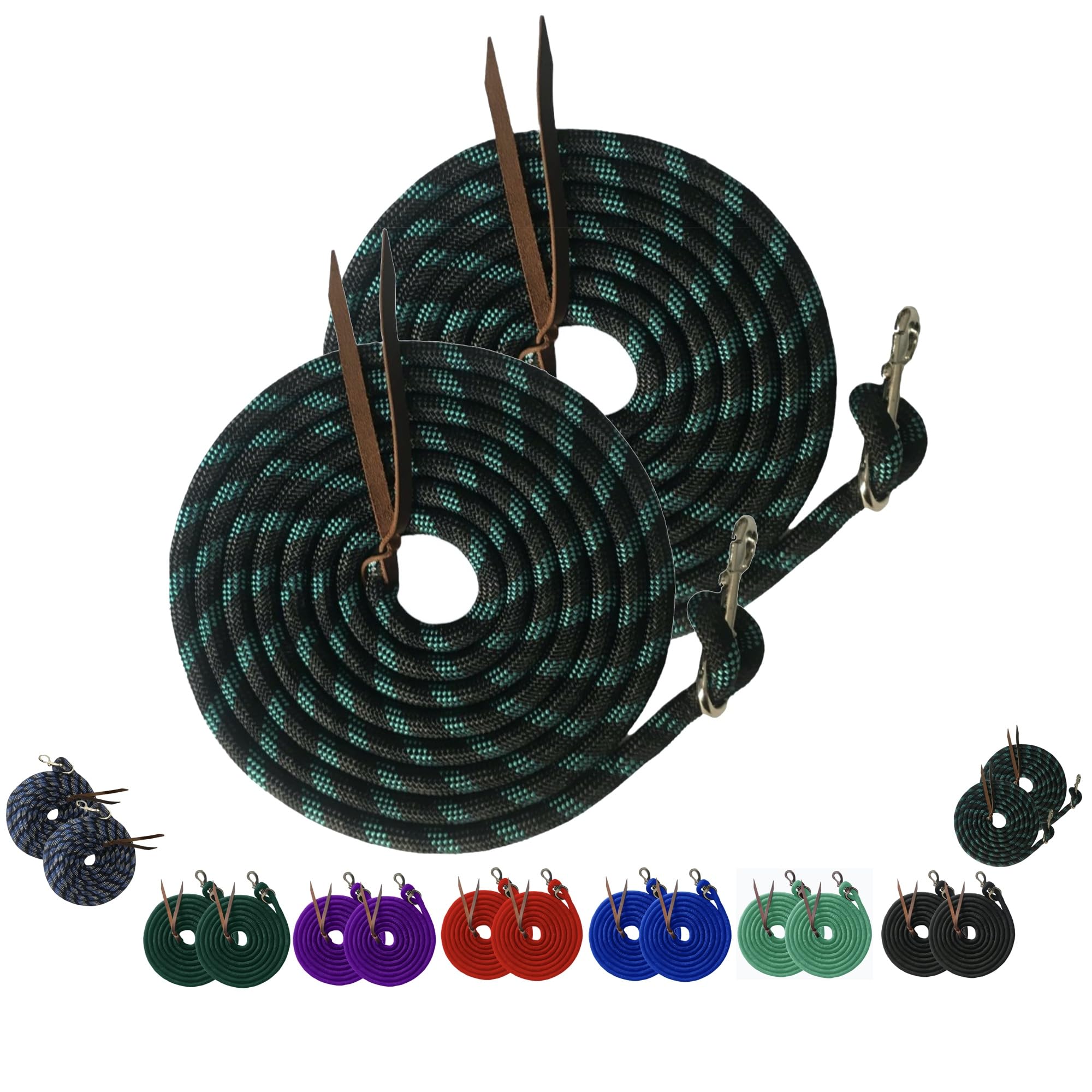 Majestic Ally 14' Pack of 2 Poly Training Lead Rope with Leather Popper for Horses & Livestock – 14 Foot Long and 5/8 inch Thick - Replaceable Heavy-Duty Bolt Snap (Turquoise-Gray-Black)