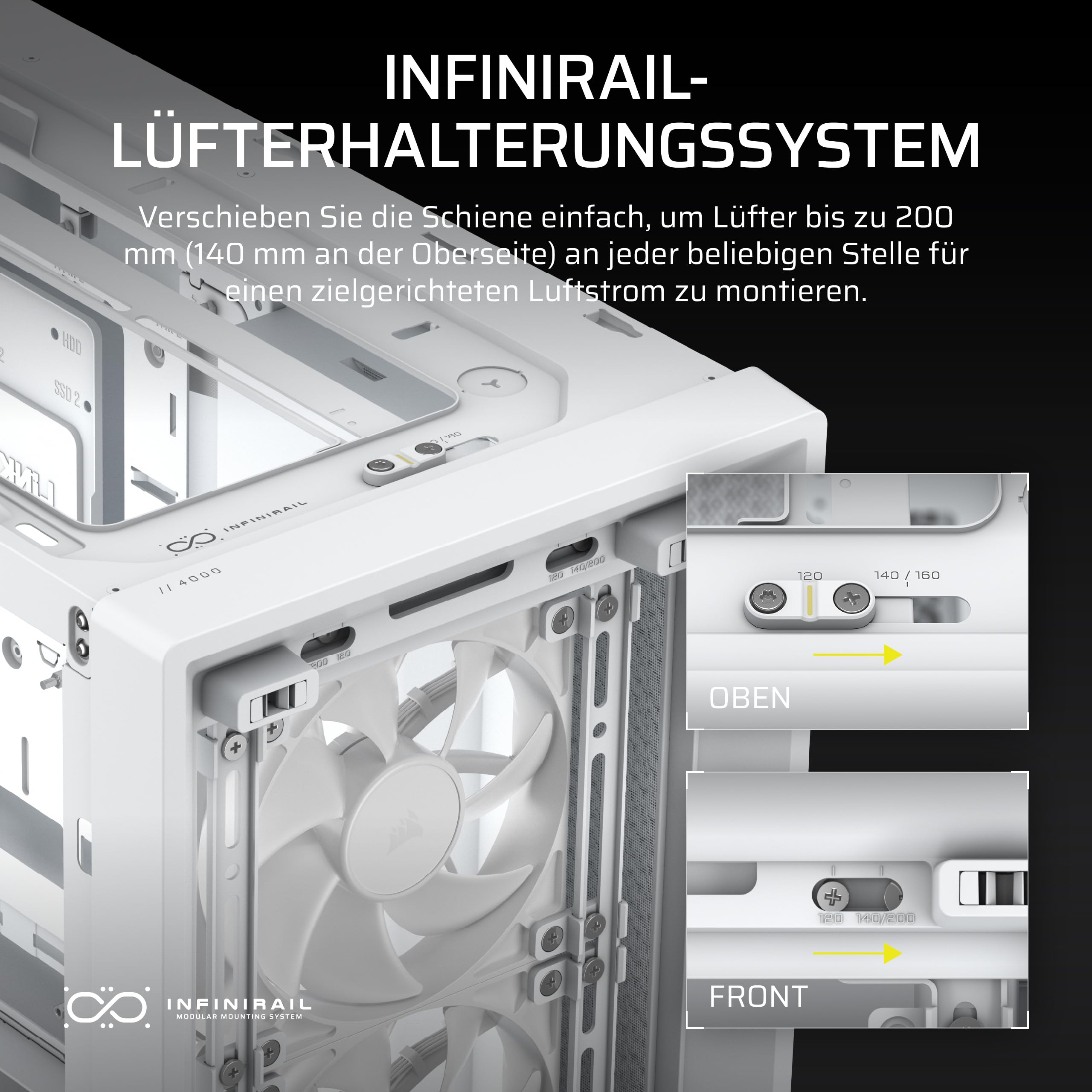 CORSAIR Frame 4000D RS Modulares Mid-Tower-PC-Gehäuse mit Hohem Luftstrom – 3X RS-Lüfter – InfiniRail-Lüfterhalterungssystem – ASUS BTF, MSI Project Zero und Gigabyte Project Stealth – Weiß 5