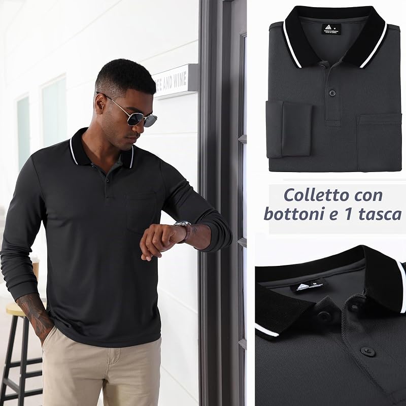Polo Uomo Maniche Lunghe Polo da Golf Lavoro Traspirante T Shirt con Taschino Primavera Autunno Camicie per la Pesca Escursionismo,Grigio Scuro,M — foto 5 di 7
