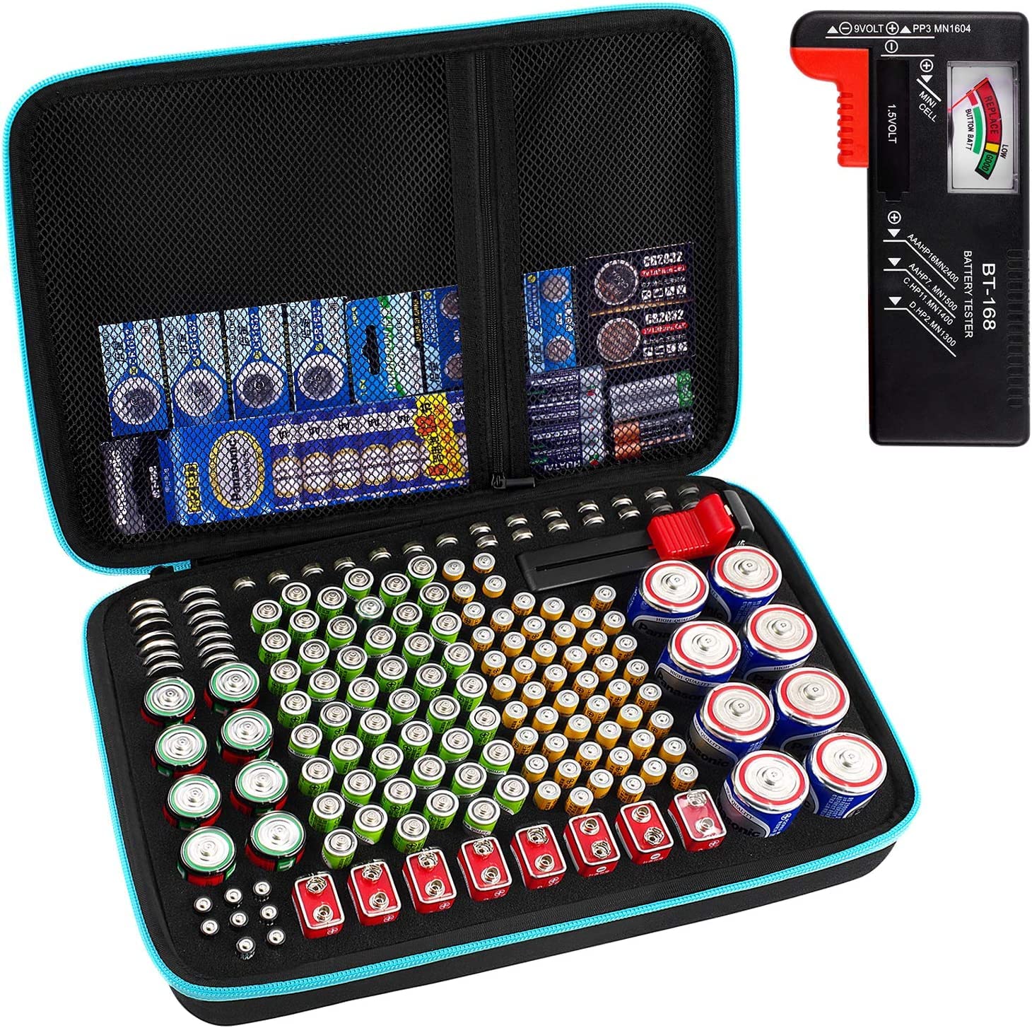 Battery Organiser Storage Box with Battery Tester (BT168), Case Bag Holder fits for 200+ Batteries AA AAA AAAA 9V C D Lithium 3V LR44 1.5V(Not Includes Batteries)