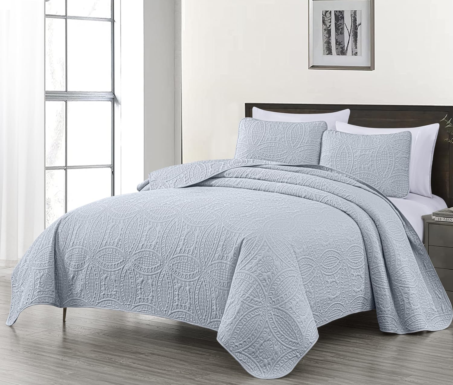 Chezmoi Collection Austin King Bedspread Set 3-Piece Pinsonic Quilted Oversized Bedspread Coverlet Set, King, Silver Image Chezmoi Collection Austin King Bedspread Set 3-Piece Pinsonic Quilted Oversized Bedspread Coverlet Set, King, Silver Image