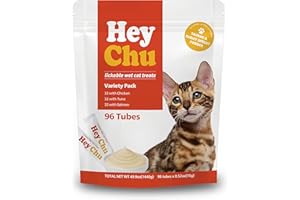 HEY CHU Squeezable Cat Treats, Lickable Puree, Grain-Free, 96 Tubes, Tuna Salmon Chicken, 0.5oz Each Tube