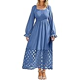 Simplee Women's Boho Flowy Long Sleeve Maxi Dress Square Neck Empire Waist Smocked Swing Wedding Guest Dress