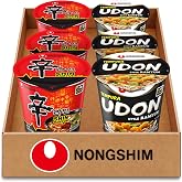 Nongshim Shin Ramyun Cup &amp; Tempura Udon Cup, Korean Noodles, 6 Count | Cup noodle variety with spicy beef and bonito-seafood broth profiles, hot-water preparation
