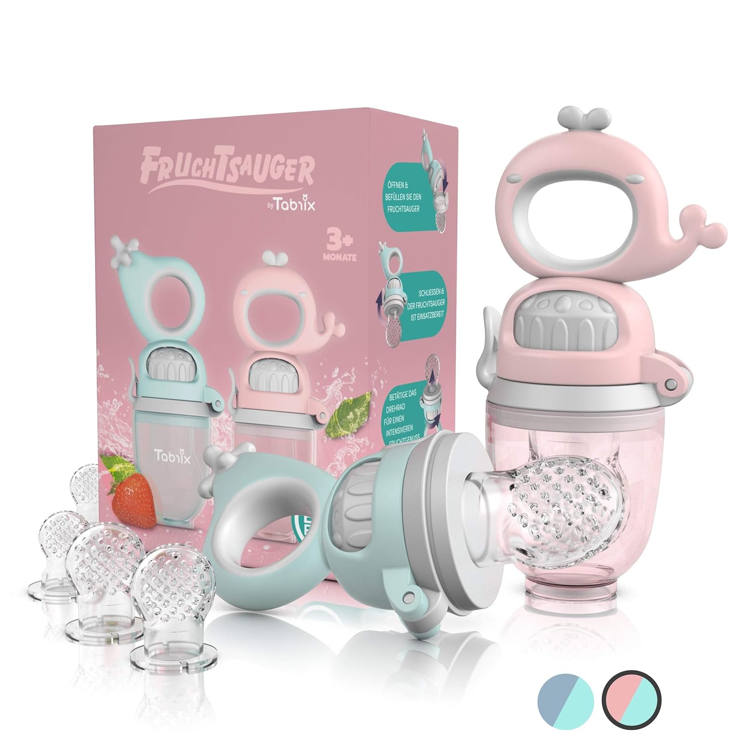 TABRIX® Fruchtsauger Baby ab 3 Monate & Kleinkind (2x) - Zahnungshilfe mit Druckfunktion - BPA-Frei - Alternative für Schnuller/Beißring - Obstsauger - attraktives Design & integrierter Messbecher