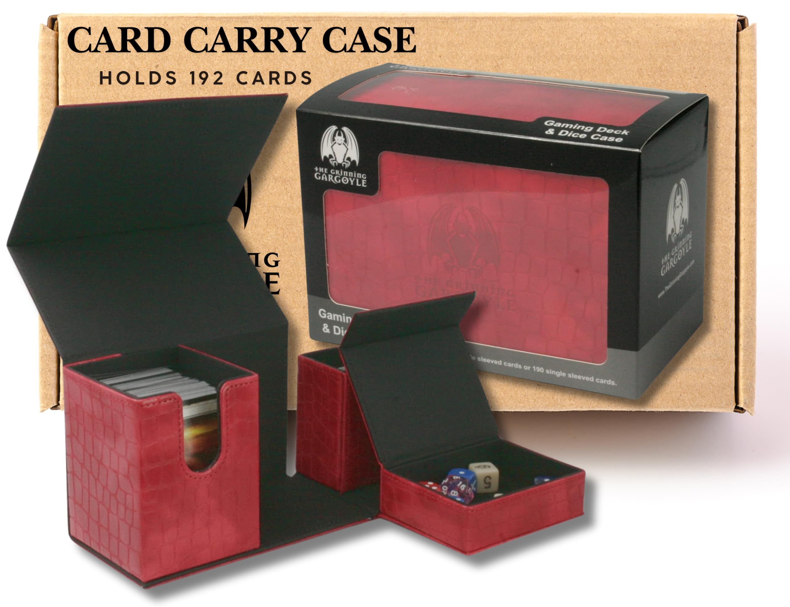 Gargoyle - Ultimate Dragon Hide Deck Box – Holds up to 192 Cards and 15 Dice – Card Box Perfect for CCG – MTG Cards Box with 3 Compartments for Trading Card Storage - Commander Deck Box(Red)