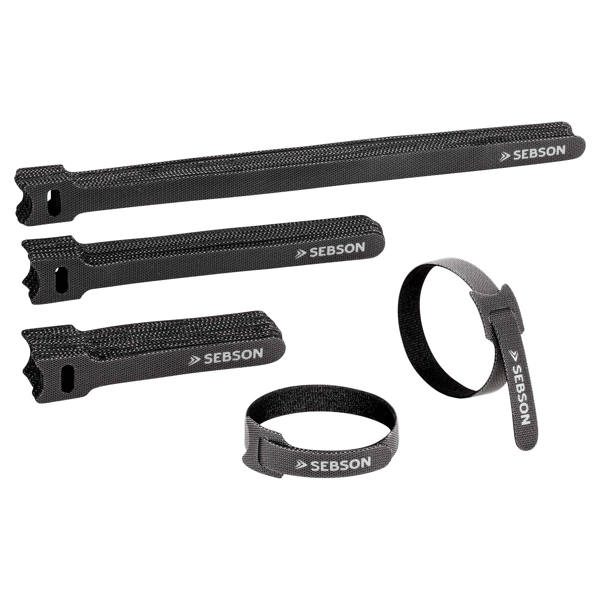 SEBSON Cable Ties Reusable, Set of 50, Black, 12mm Width, 25cm, 15cm, 10cm Length, Small Cable Strap with Hook and Loop, Adjustable, Cable Management