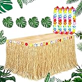 Zeyoy Luau Grass Table Skirt Natural 9 Feet x 29.5 Inch Hawaiian Table Skirt, 3pc Tropical Green Leaves, 3pcs Hawaiian Leis for Luau Party