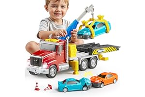 Jova Vroomix Kids Tow Truck Toys for 3 4 5 6 7 Years Old Boys, Toddler Car Toys, Large Truck with 2 Transformation Cars and Trailer, Crane with Lights and Sounds, Christmas Birthday Gifts