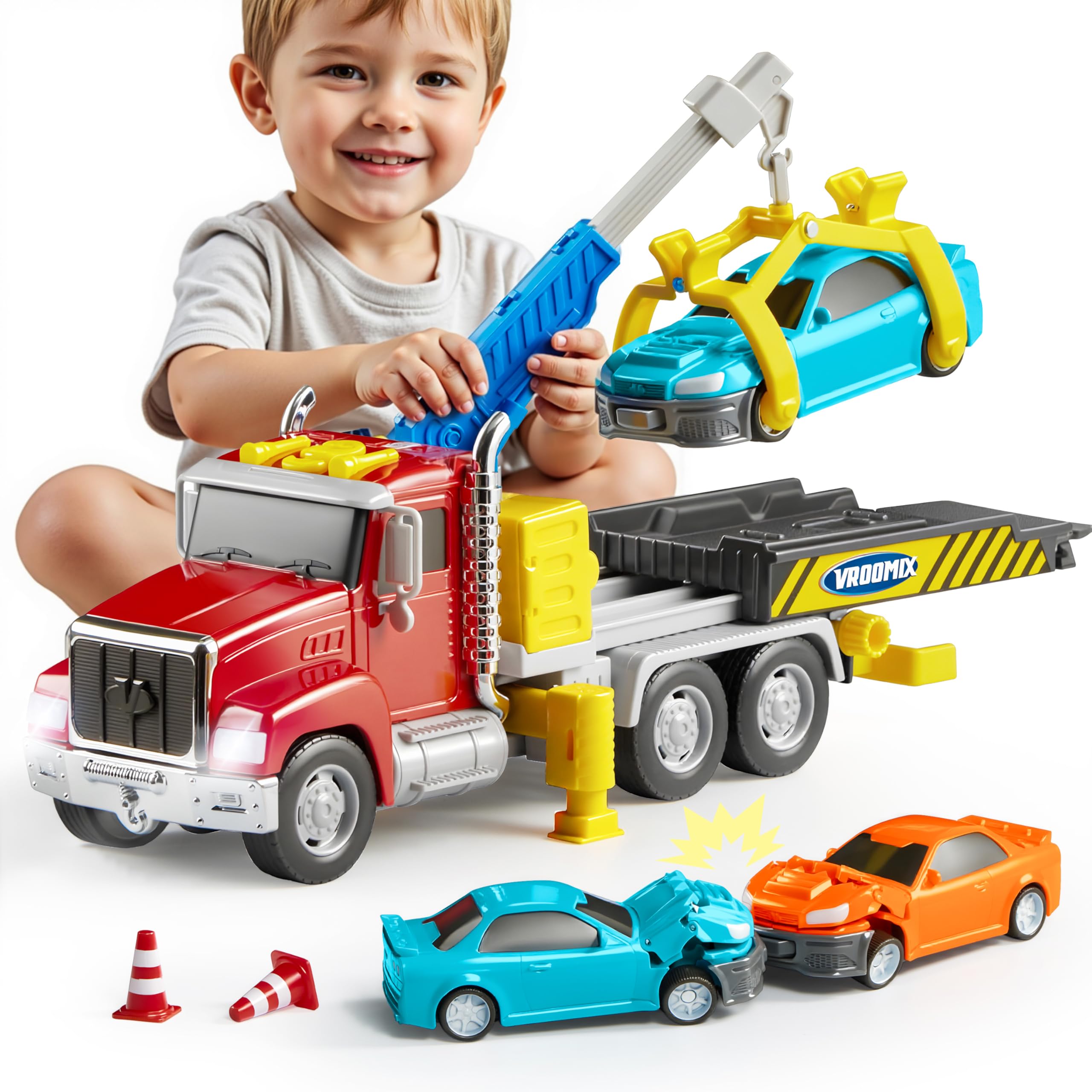 Photo 1 of Kids Tow Truck Toys for 3 4 5 6 7 Years Old Boys, Toddler Car Toys, Large Truck with 2 Transformation Cars and Multi-Functional Trailer, Crane with Lights and Sounds, Birthday Gifts