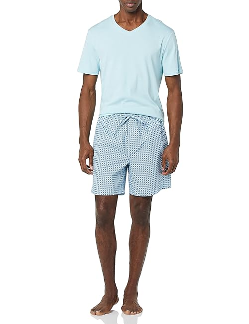Amazon Essentials Men's Cotton Poplin Pajama Short with Cotton T-Shirt Set, Light Blue Geo Print, 3X-Large