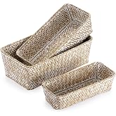 3 Natural Wicker Basket Set Rectangular Seagrass Basket, White Washed | Storage Bins Home Organizer Bins - Household Basket Box for Shelf Wardrobe Desktop Home Decor