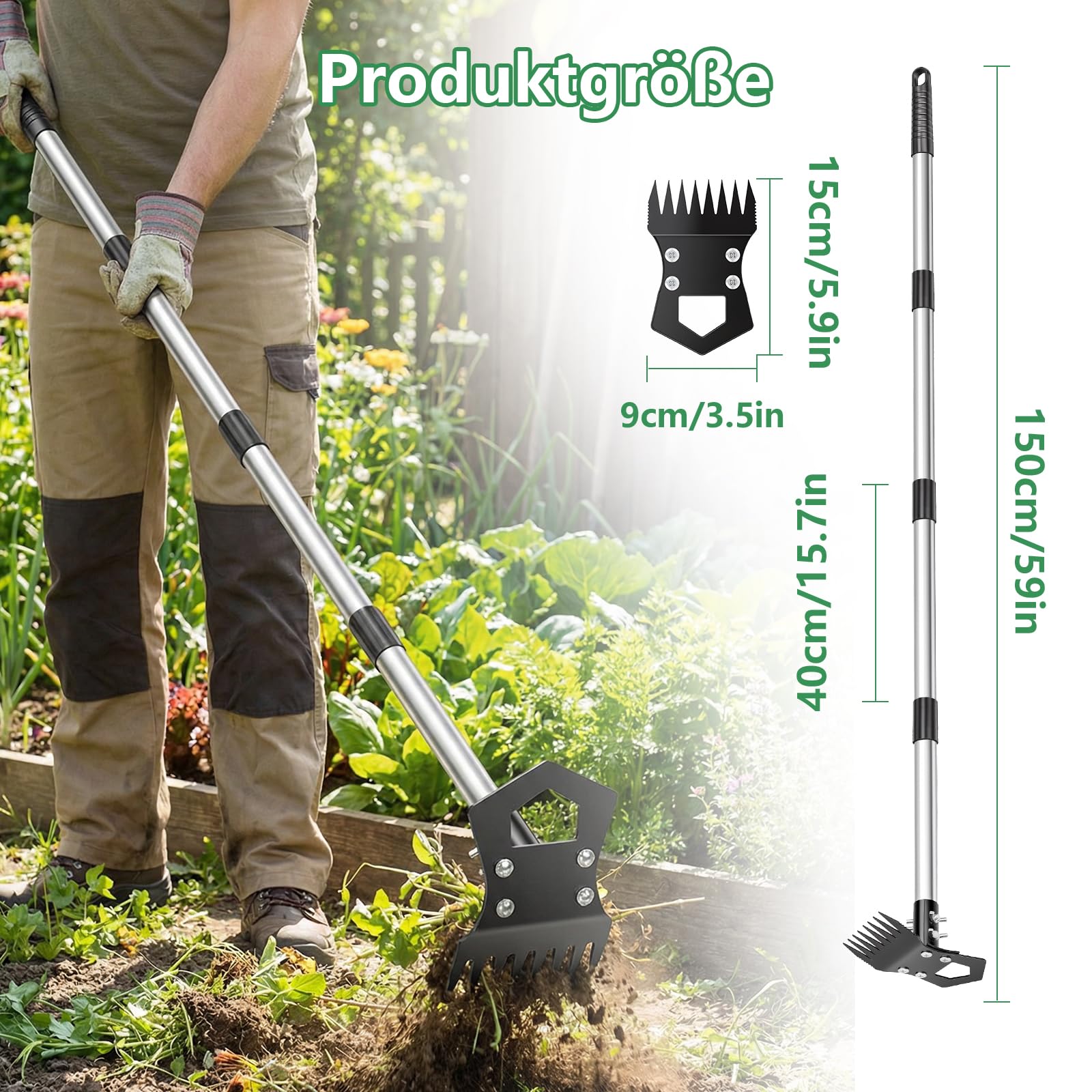 Hysagtek Unkrautstecher - 150cm Unkraut Entferner Gerät, Unkrautjäter mit Langem Stiel und Schraubenzieher Abnehmbar, 2 in 1 Manuell Gartenhacke für Garten, Hof, Rasen, Terrasse 2