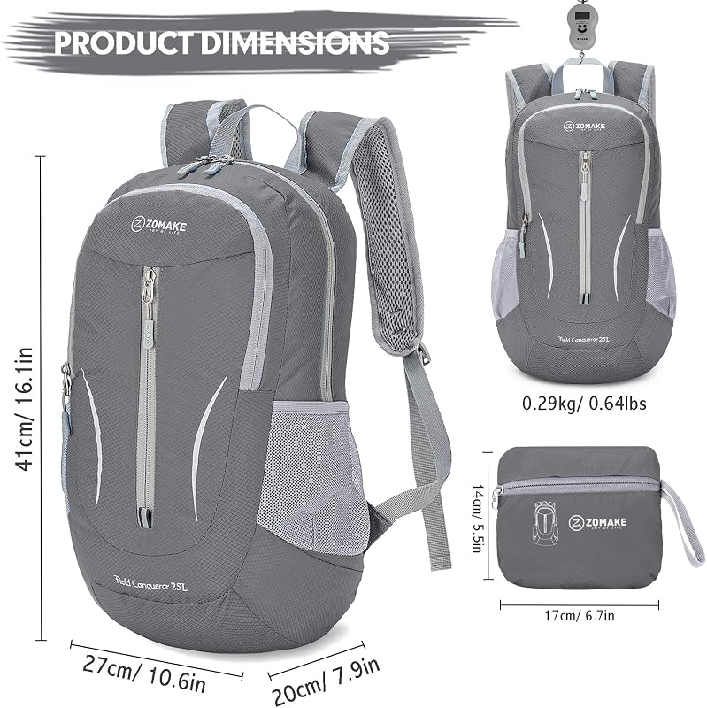 Mochila Plegable Ultraligera - Mochilas de Senderismo Pequeña Mochila Con Resistencia Al Agua 25L Para Hombre Mujer Viaje Trekking Deporte(Gris medio) — foto 2 de 7