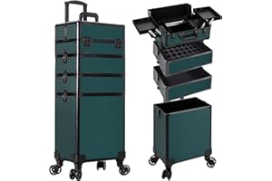 AROUS Rolling Makeup Train Case 4 in 1 Cosmetology Case on Wheels Large Storage Cosmetic Trolley with Key Salon Barber Case Traveling Cart Trunk, Green