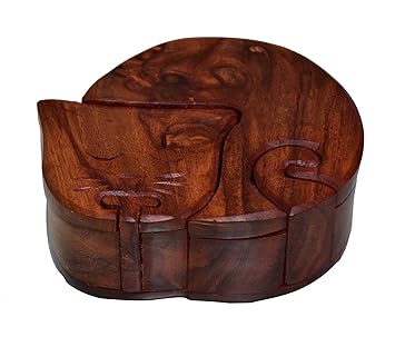 Purpledip Magic Wooden Puzzle Box Sleepy Cat: Handmade Mystery Keepsake Box Game Gift (10786)